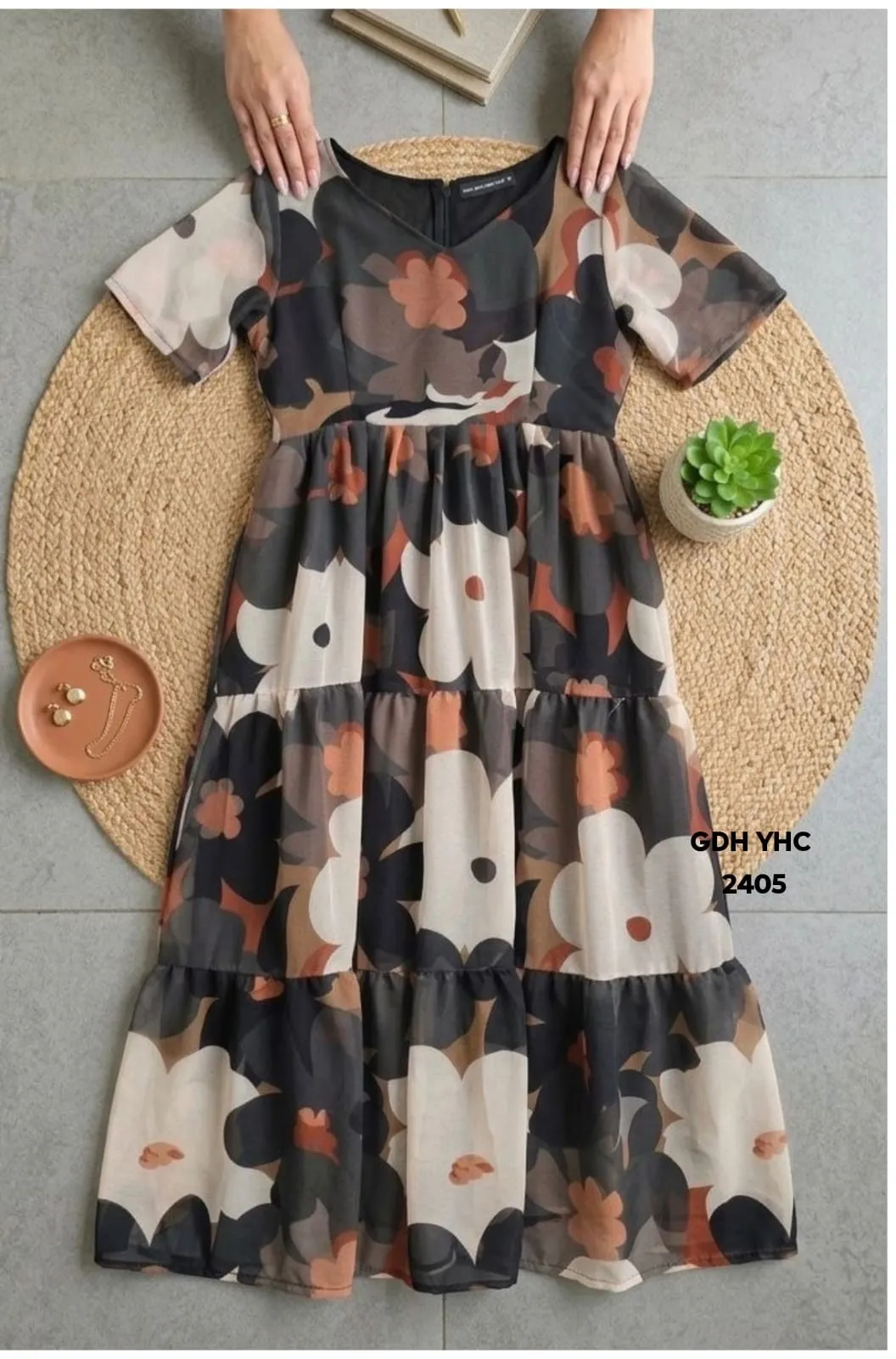 Black and Beige Floral Printed Fit & Flare Maxi Dress